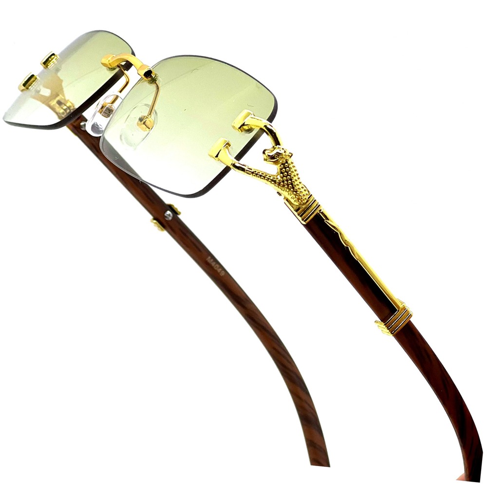 Rimless Sunglasses Gold Frame Brown Arms Rectangle Lens Fashion Green Lens Buffs